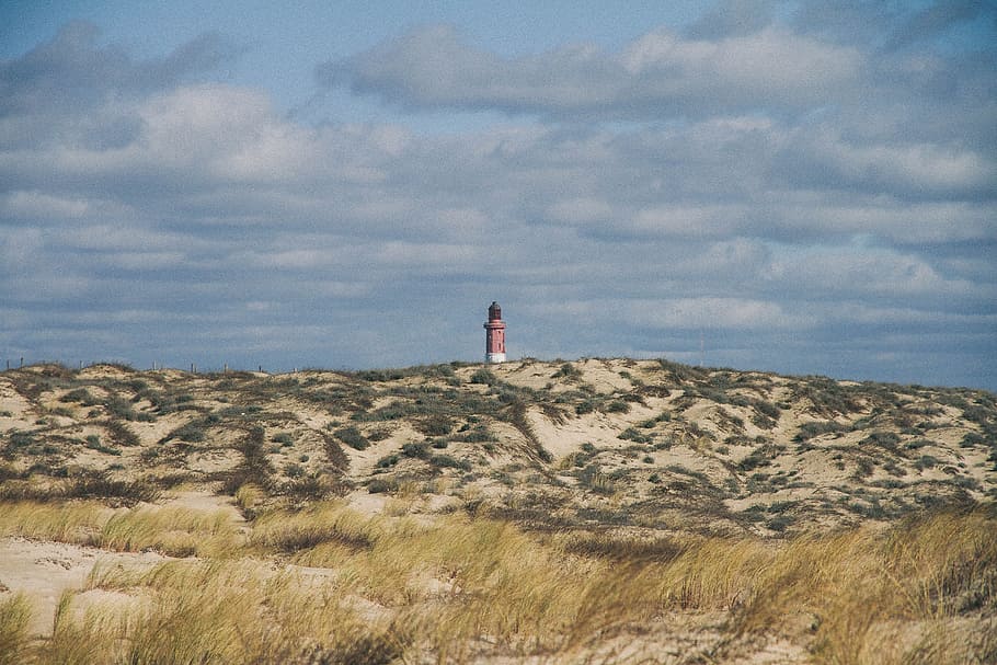 sand, beach, lighthouse, herbs, clouds, one person, sky, cloud - sky HD wallpaper