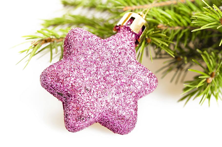 ball, bauble, star, fir, green, red, branch, pink, celebrate HD wallpaper
