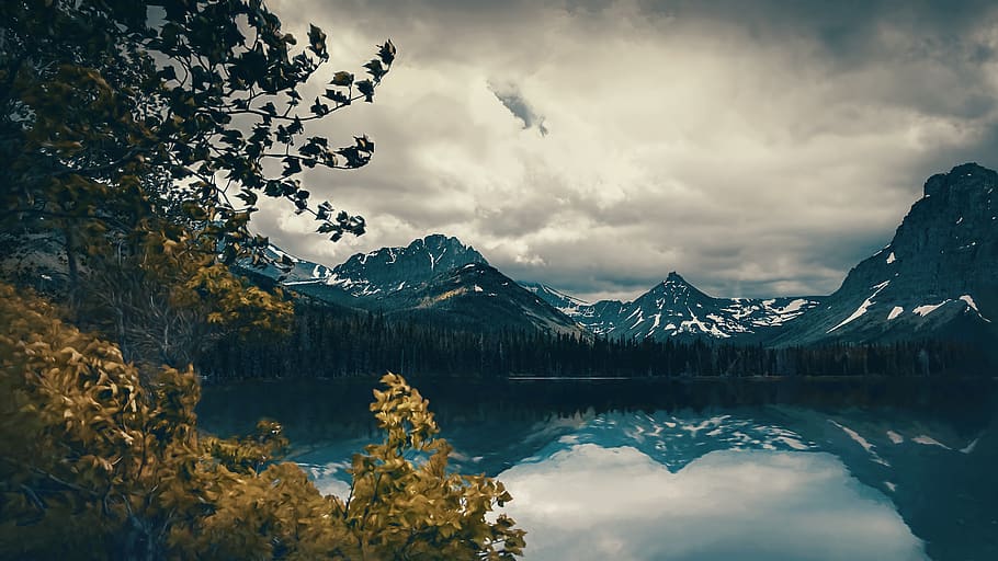 Scenic View Of Mountains, background, calm waters, clouds, cloudy, HD wallpaper