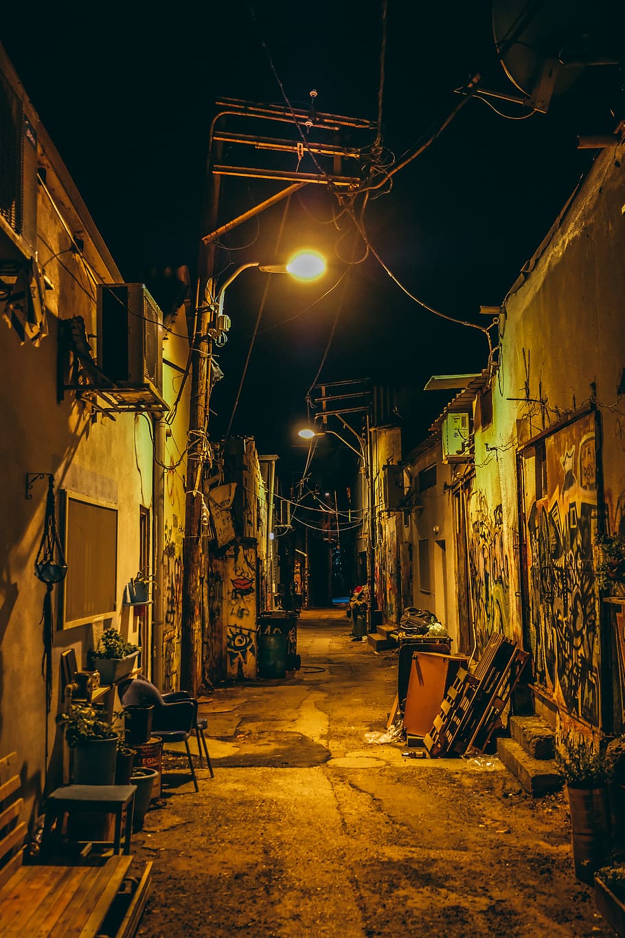 lighted street at night, road, building, urban, city, town, path HD wallpaper
