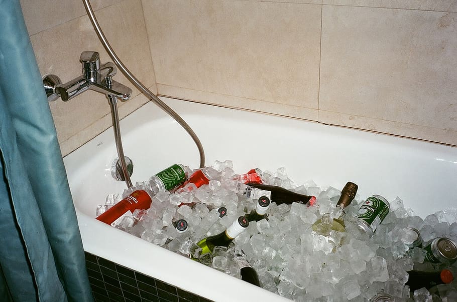 assorted beverage bottle in bathtub, appliance, drink, cooler HD wallpaper