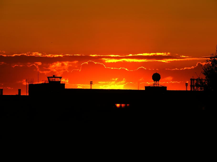 tempelhof, germany, berlin, cloud on fire, sunset, airport HD wallpaper