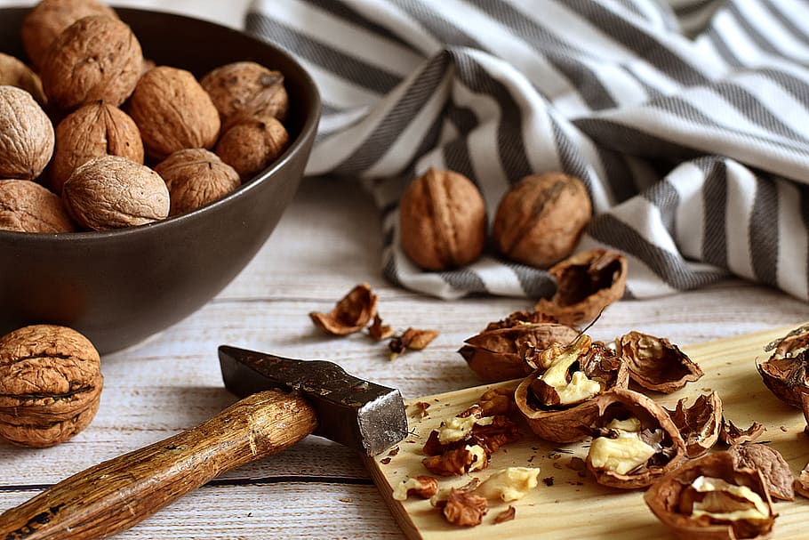 walnuts, cracked, hammer, rustic, food, nutshell, snack, tasty, HD wallpaper