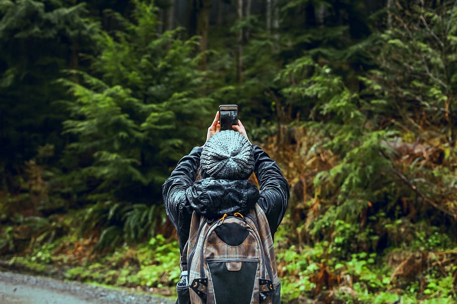 Person Taking Photo Of Forest, adventure, backpack, daylight HD wallpaper