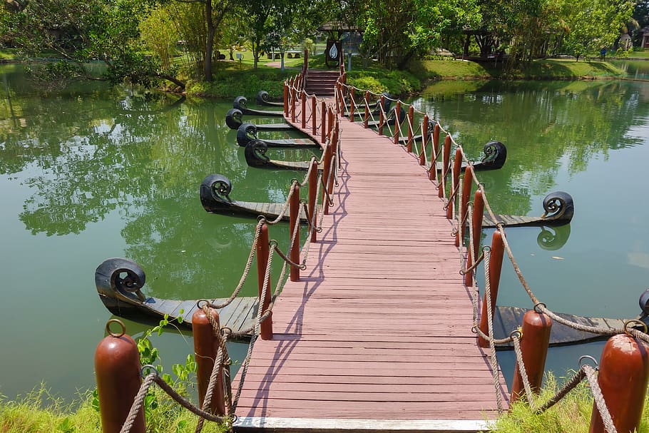 bridge, wooden bridge, greenery, kerala boat, pathway, footbridge