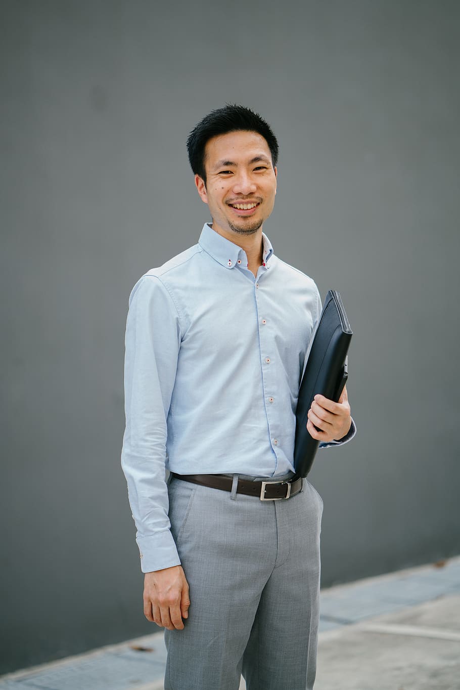 Man Holding Black Laptop Bag, adult, Asian, belt, blue, business