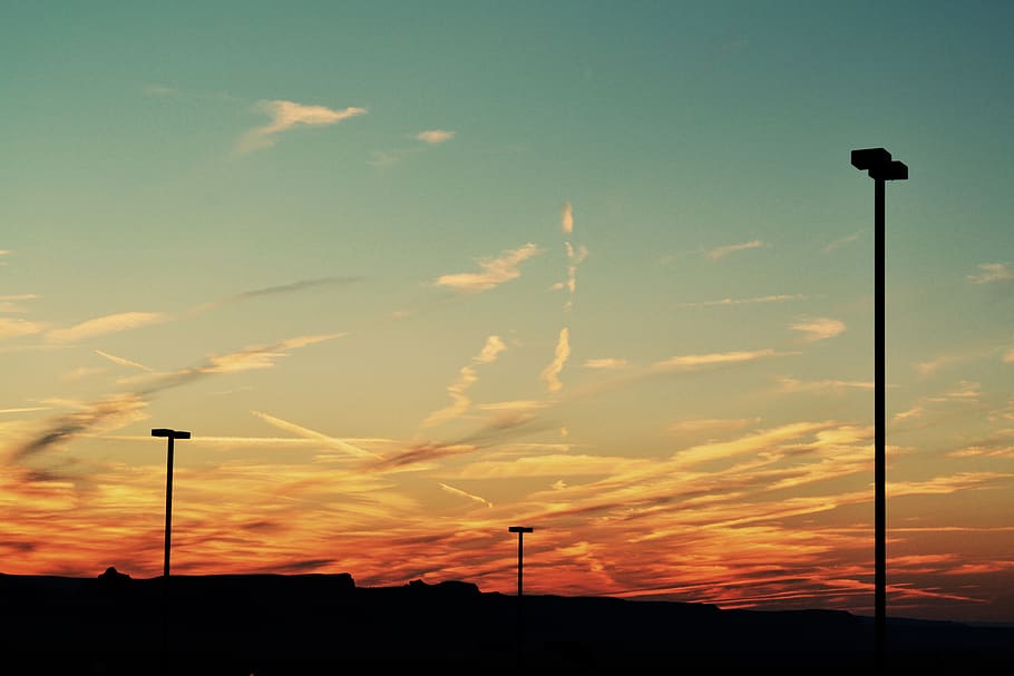 sky, sun, down, lines, sunset, pole, parking lot, colors, abstract HD wallpaper