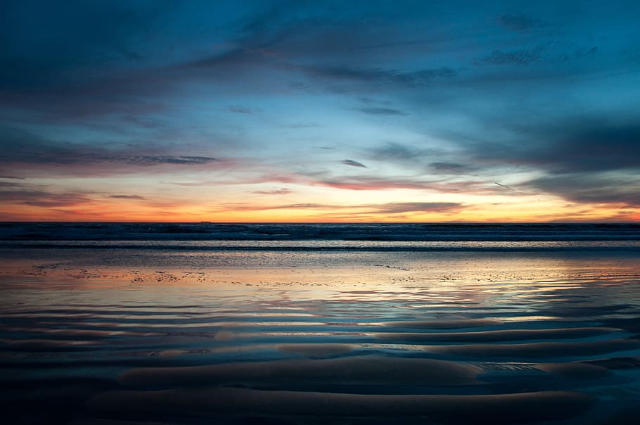 Sunset in California, beach, blue, clouds, coast, evening, night HD wallpaper