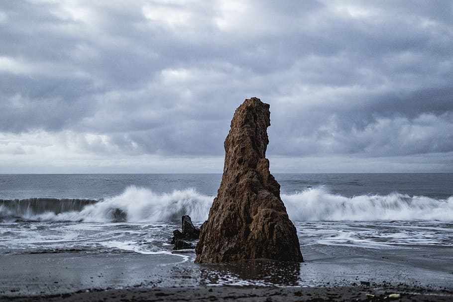 rock formation, sea, water, sky, cloud - sky, motion, wave, land HD wallpaper