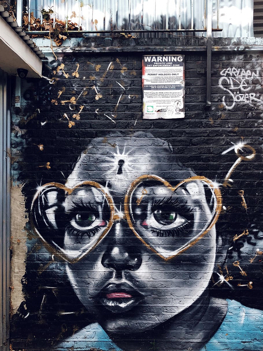 child graffiti art, brick, face, glasses, building, grafitti HD wallpaper
