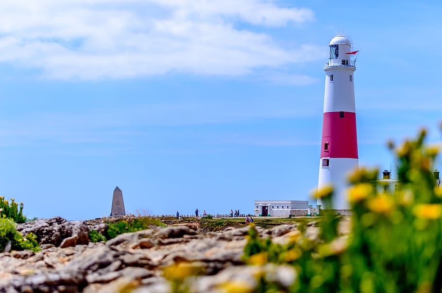 White and Red Lighthouse, blur, building, close-up, focus, sky HD wallpaper