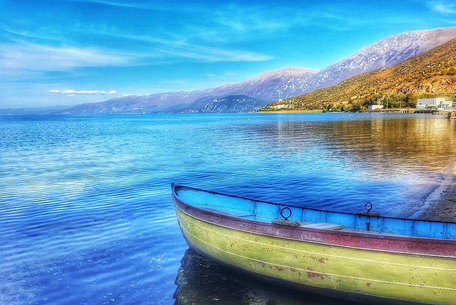 lake ohrid, albania, mountains, boat, macedonia, water, nautical vessel, HD wallpaper