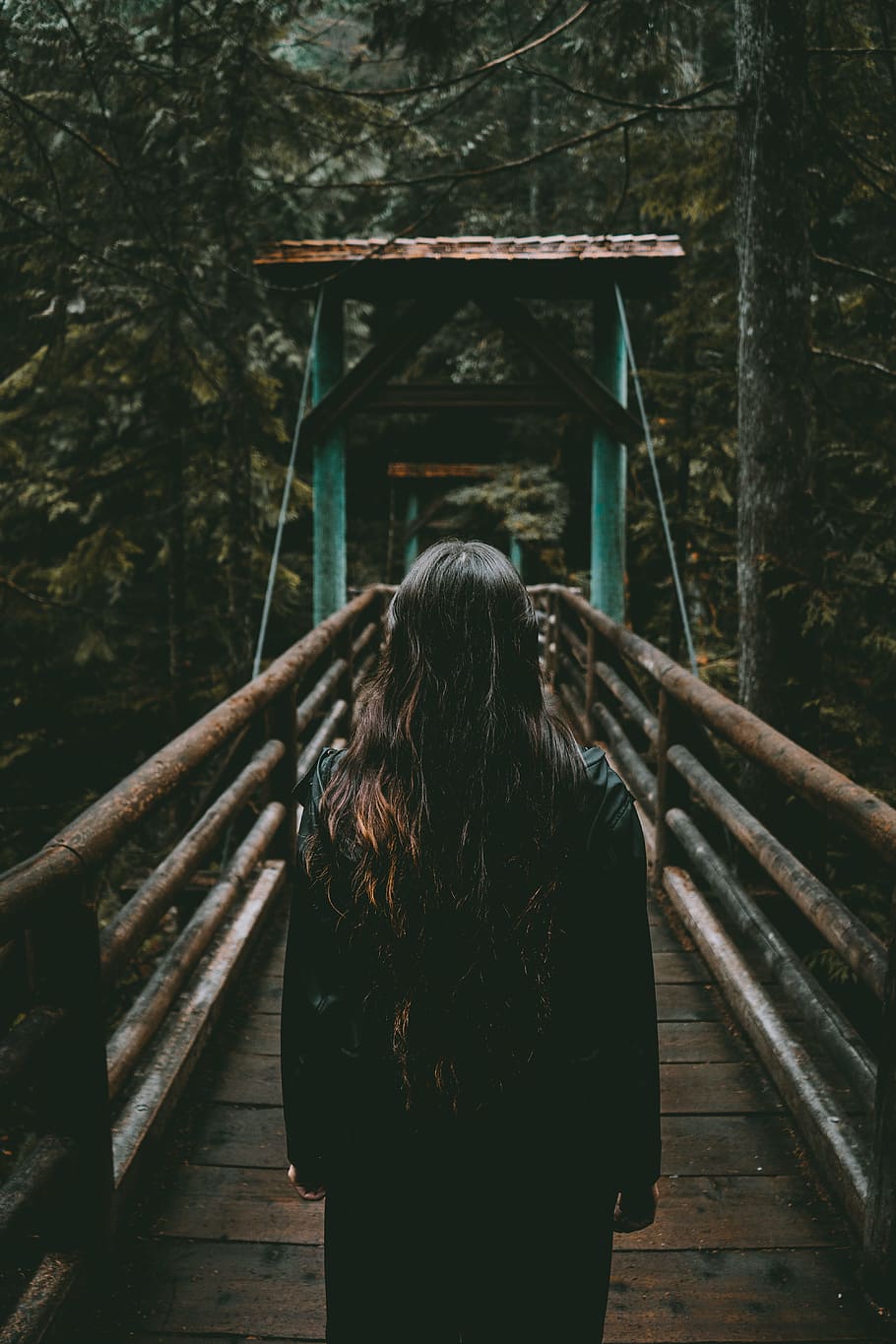 woman standing on brown bridge, green, model, dark, hike, hair HD wallpaper