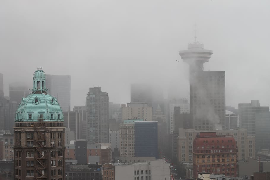 canada, vancouver, city, skyline, fog, downtown, buildings HD wallpaper