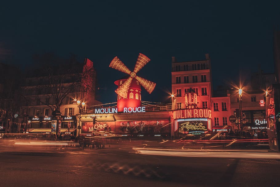 Moulin Rouge signage, road, building, urban, city, downtown, paris