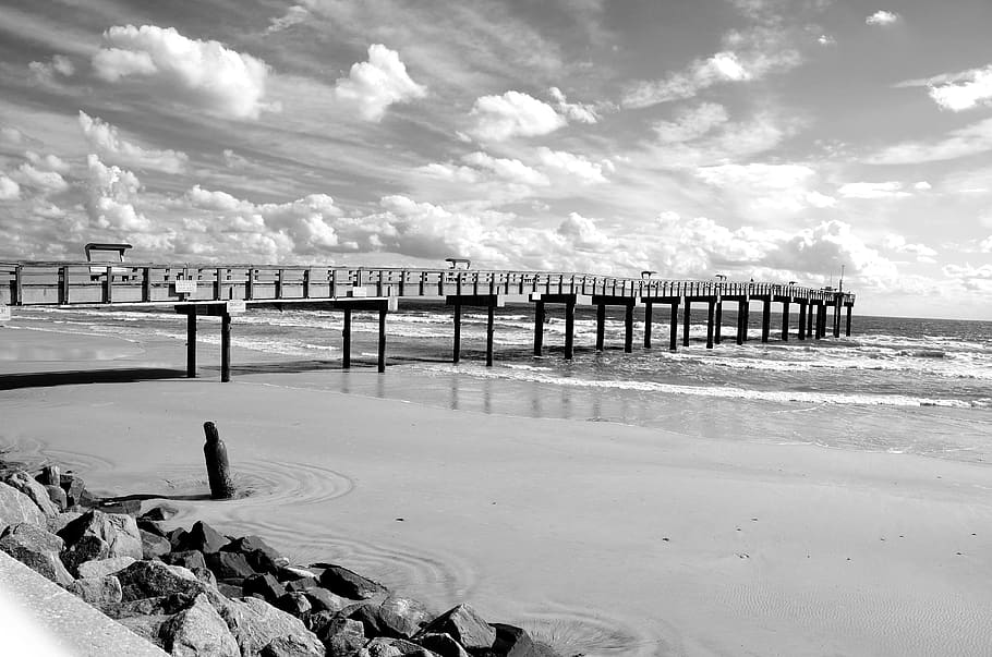 st, augustine beach, florida, fishing pier, ocean, sea, water, HD wallpaper