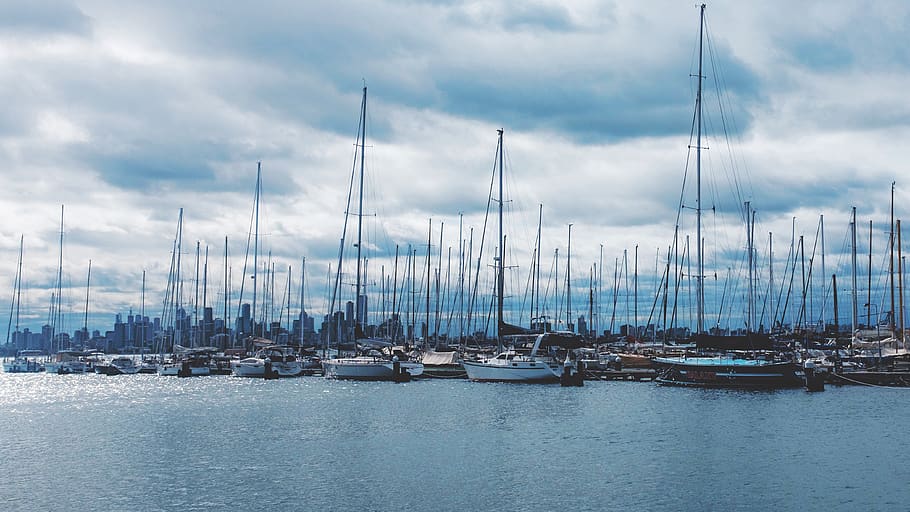 australia, williamstown, clouds, masts, water, repetition, patterns HD wallpaper