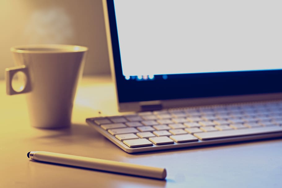White Mug Beside Apple Keyboard, coffee, desk, electronics, internet, HD wallpaper