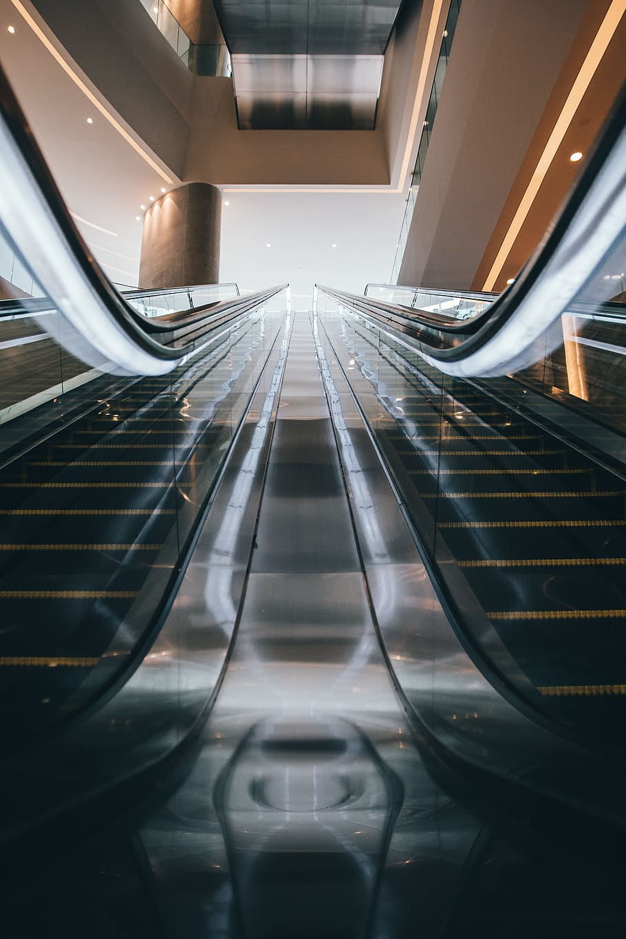 two black escalators inside white building, railing, perspective HD wallpaper