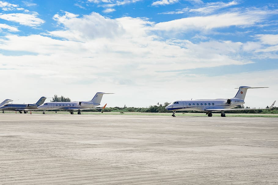Three Parked Airplanes, aircrafts, airport, aviation, clouds HD wallpaper