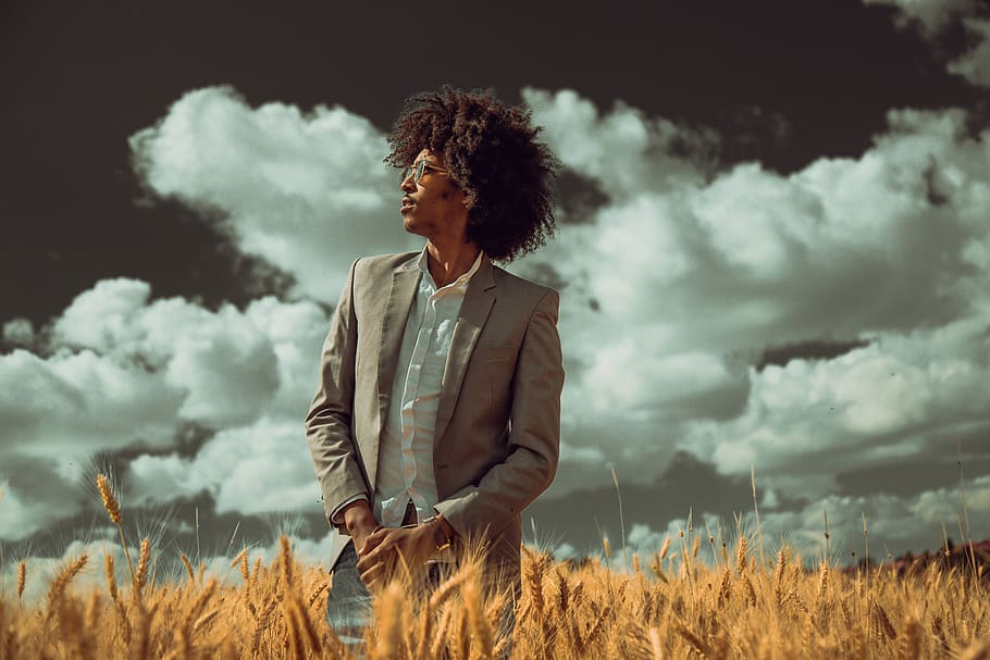 man standing on wheat field, cloud - sky, one person, adult, land HD wallpaper