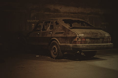 black sedan, car, tire, abandoned, dusty, old car, vandalism HD wallpaper