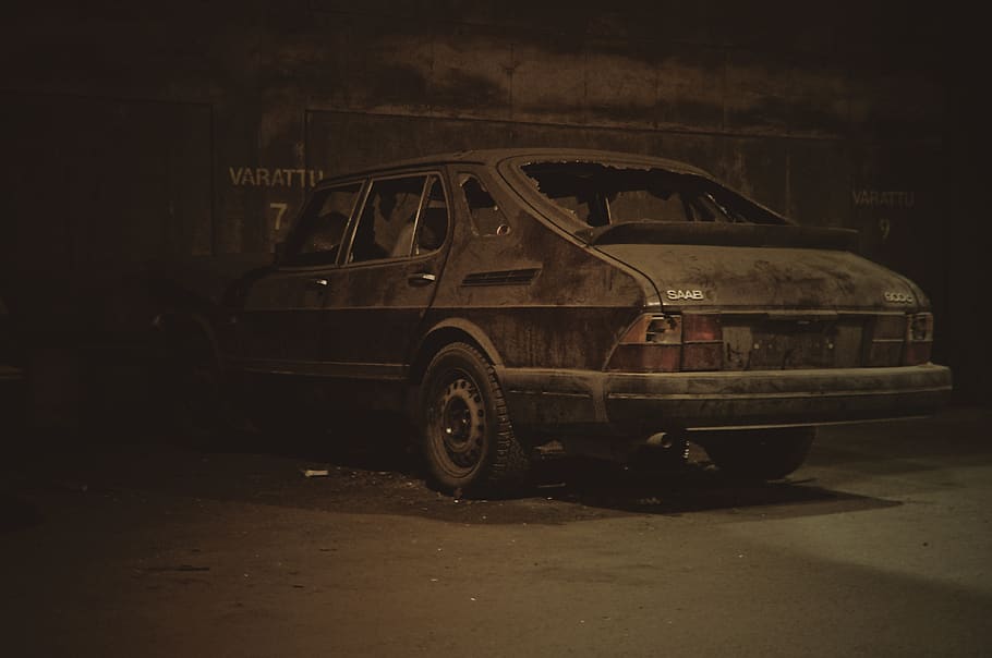 black sedan, car, tire, abandoned, dusty, old car, vandalism HD wallpaper