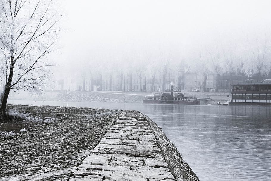 river, dark, nature, clouds, dramatic, bridge, fog, lake, water HD wallpaper