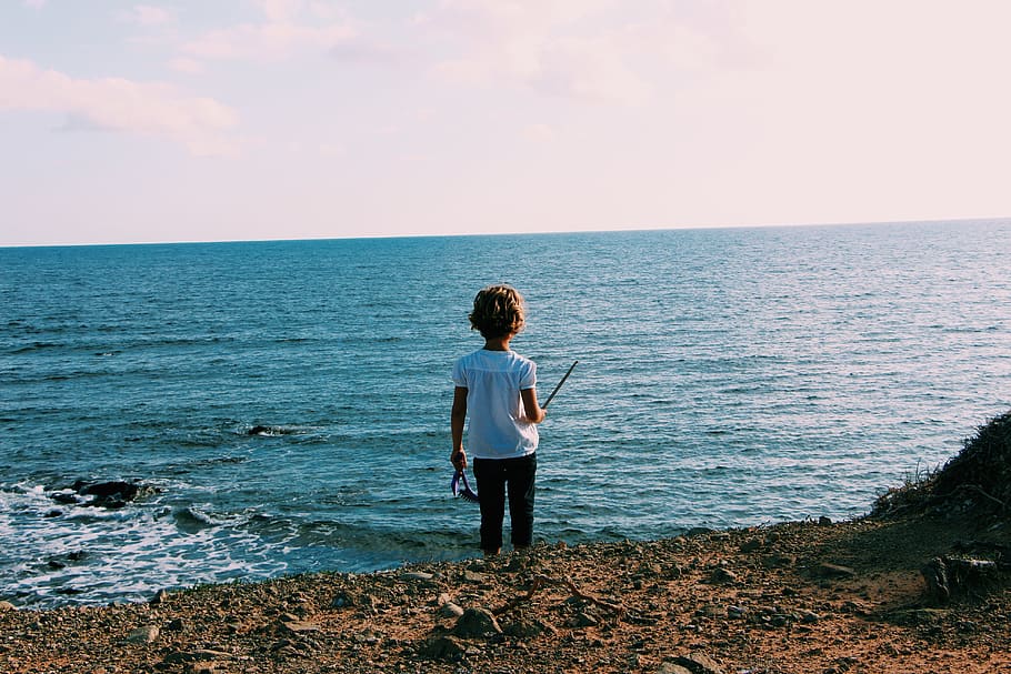 Child on Shoreline, back, beach, blue, daylight, girl, horizon HD wallpaper