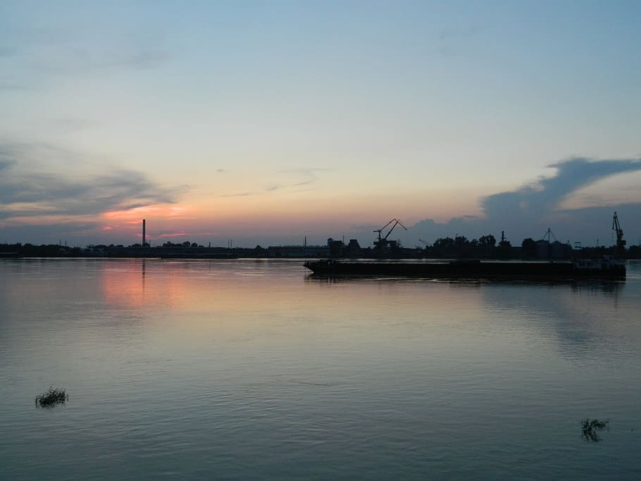 sunset, landscape, river, water, boat, bulgaria, sky, waterfront HD wallpaper