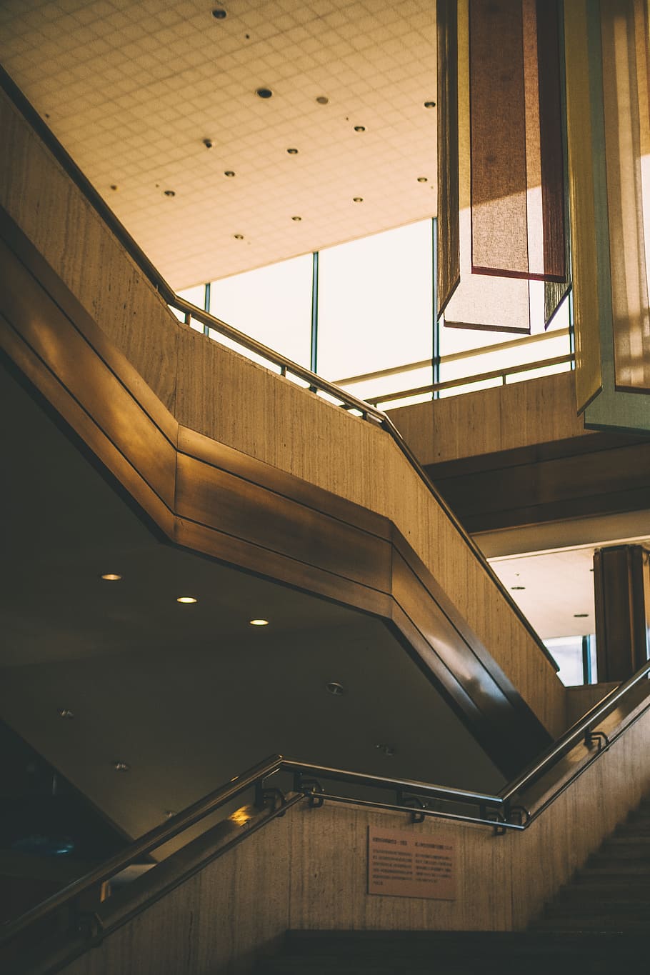 brown stairs interior, step, railing, shopping mall, museum, architecture HD wallpaper