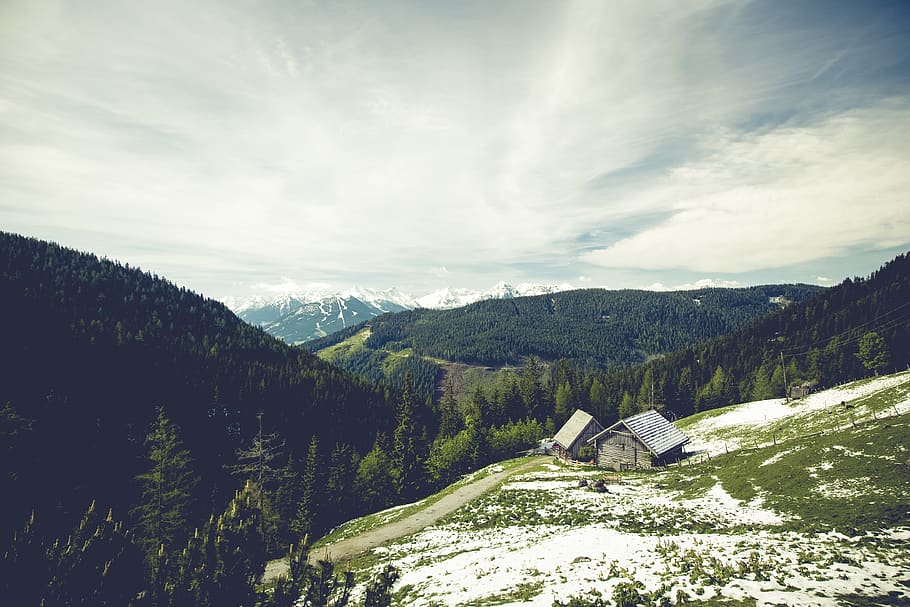 House Beside the Mountain Under White Sky during Daytime, clouds HD wallpaper