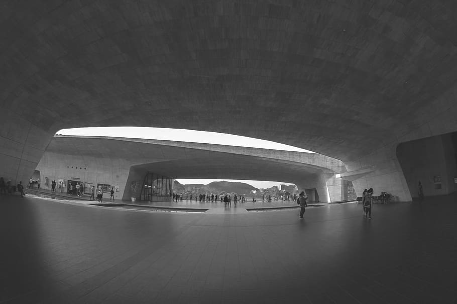 Grayscale Photography of Group of People Under Concrete Structure HD wallpaper