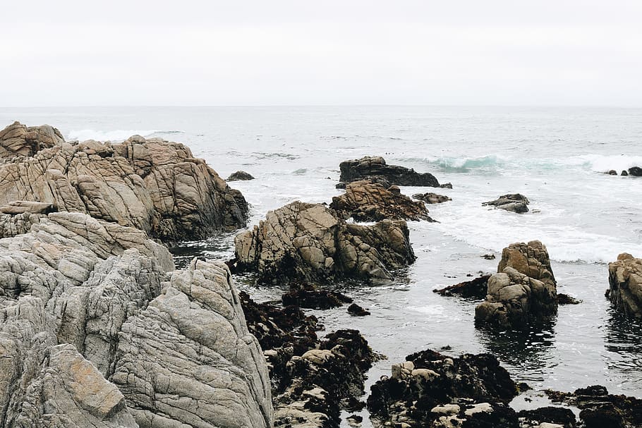 brown rock formation, promontory, sea, nature, ocean, water, outdoors HD wallpaper