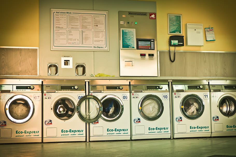 launderette, washing machines, laundry, clothing, dry laundry, HD wallpaper