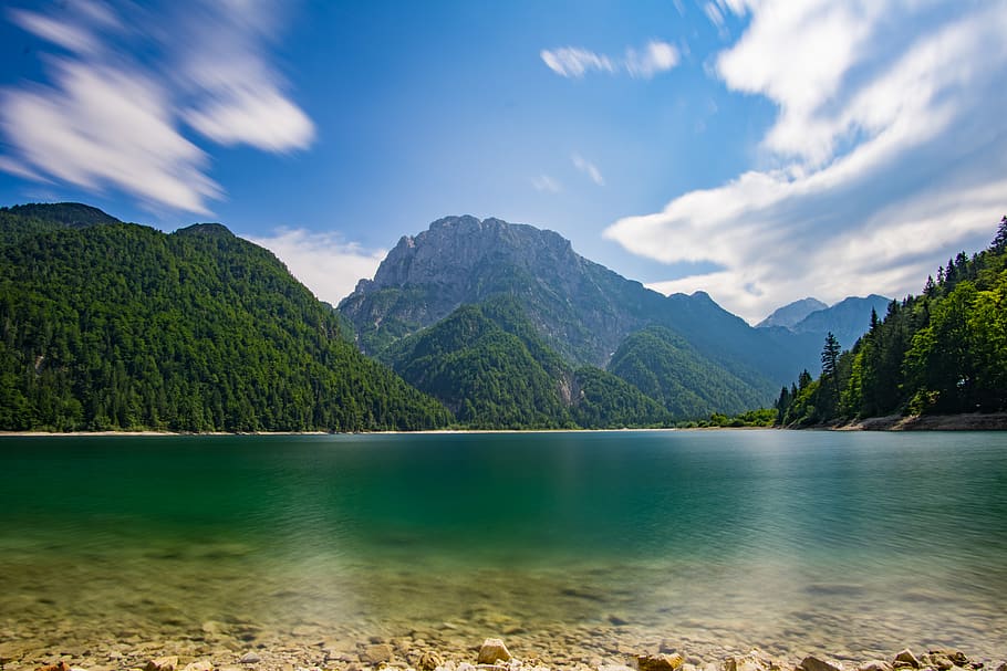 river beside mountains, water, nature, outdoors, lake, mountain range HD wallpaper
