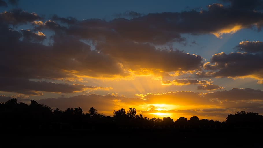 sky, dark, orange, black, trees, sunrise, mountain, clouds HD wallpaper