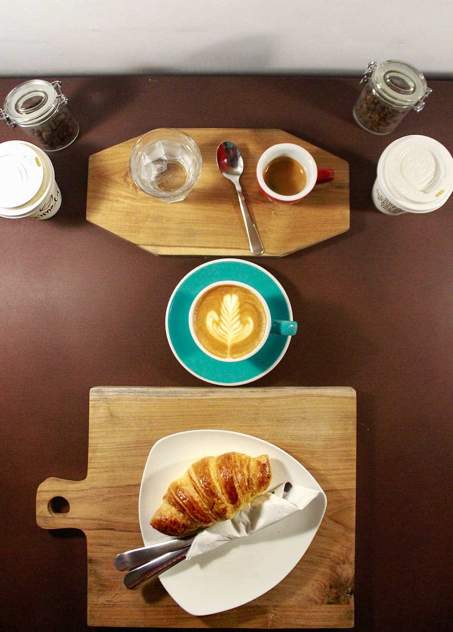 Flat Lay Food Photography of Plate of Croissant, caffeine, cappuccino HD wallpaper