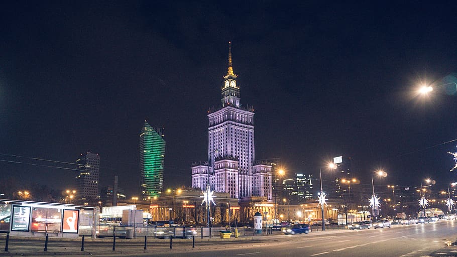 poland, warsaw, lights, night, building, architecture, night view, HD wallpaper