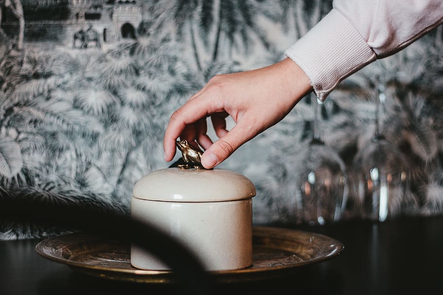 white ceramic jar with lid, pot, hand, tray, hold, interior design HD wallpaper