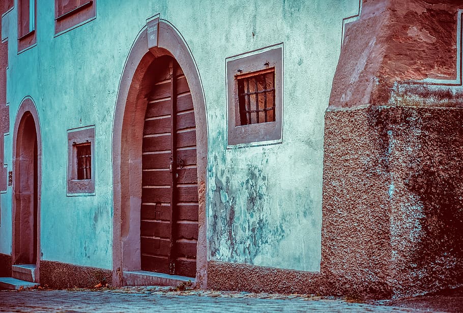 window, doors, house facade, home front, architecture, weathered HD wallpaper