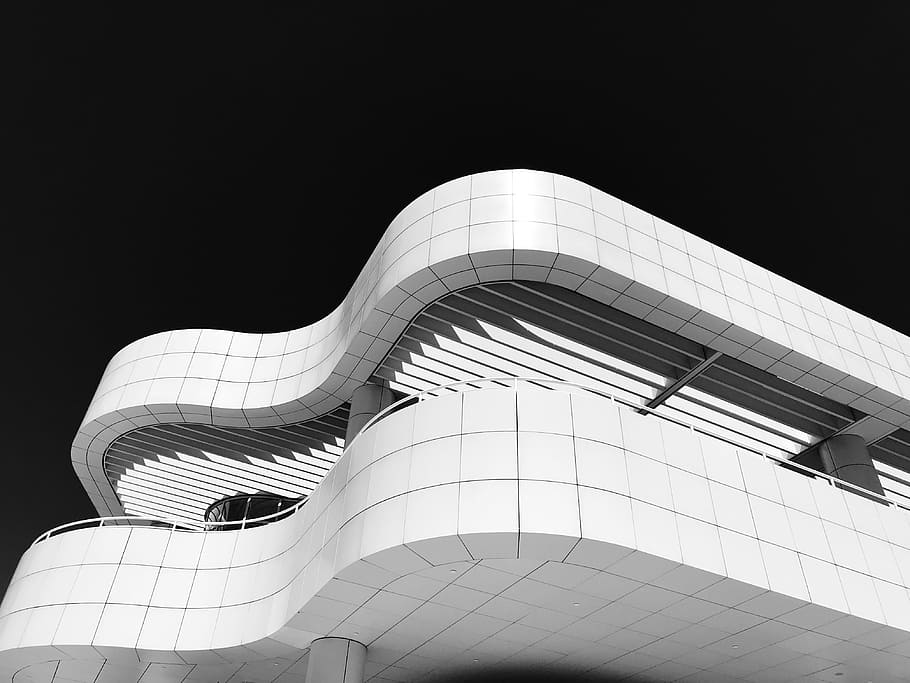 white 3-storey building, minimal, dark, black, architecture, curve