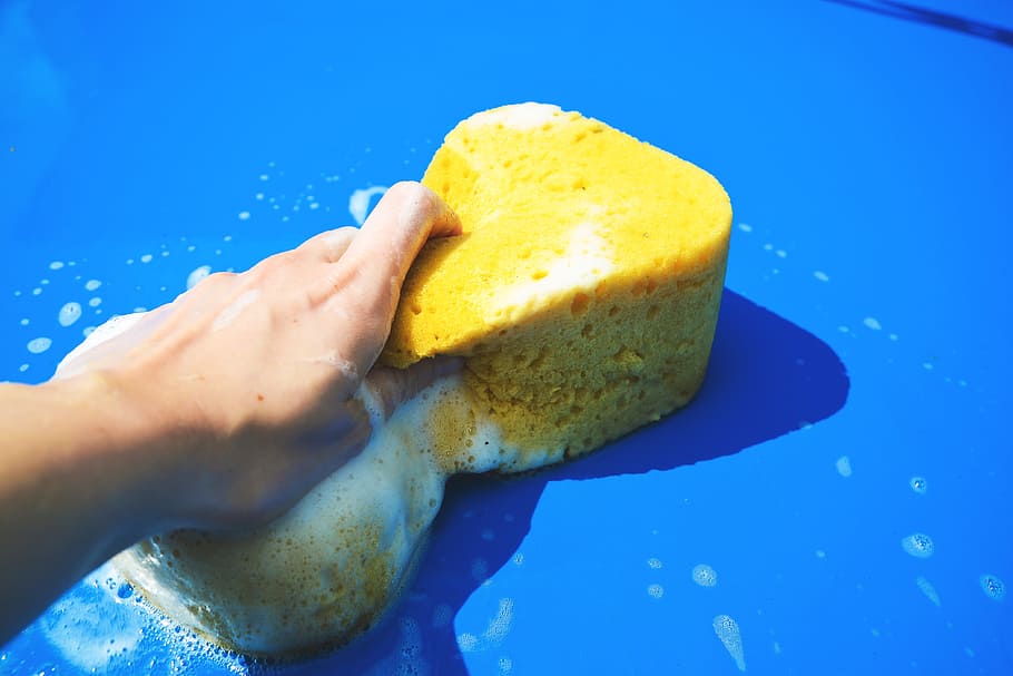 Washing Car with Sponge, various, clean, cleaning, blue, human hand