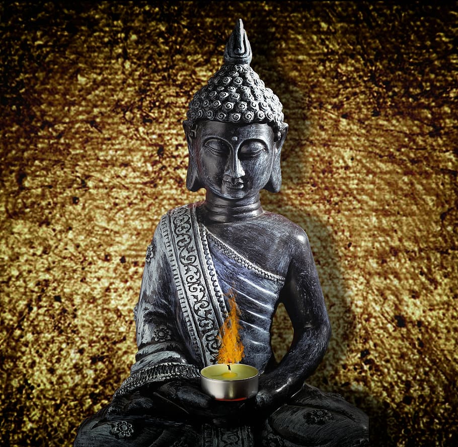 buddha, statue, sitting, candle, flame