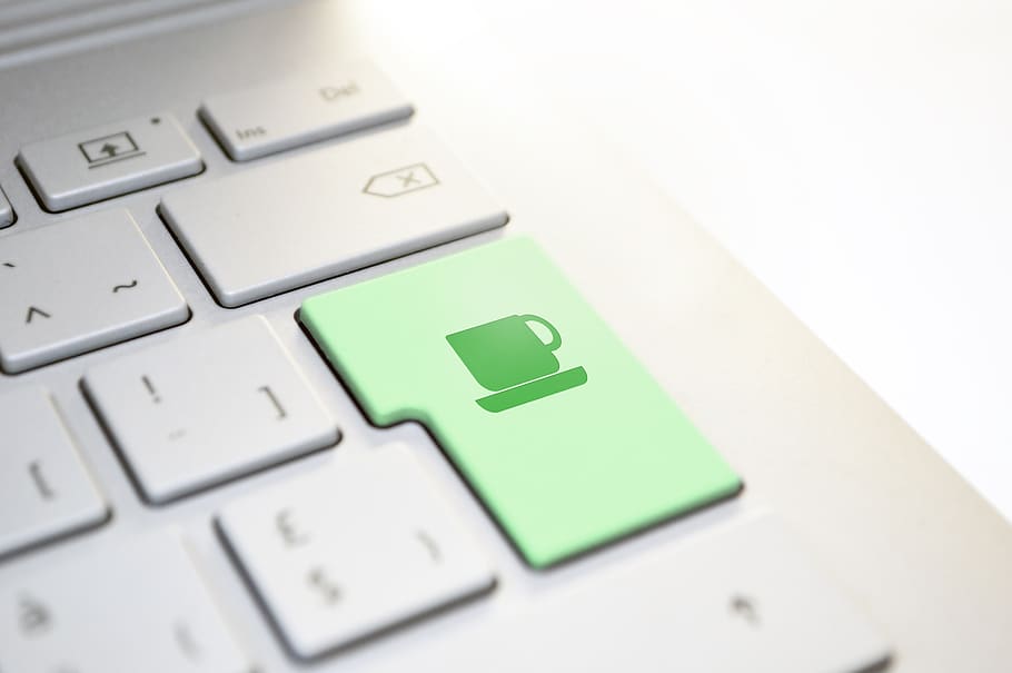 keyboard, coffee, enter, button, input, laptop, computer, break HD wallpaper