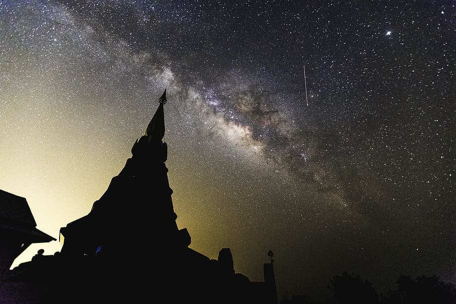 Silhouette Photography of Temple, astronomy, clouds, constellation HD wallpaper