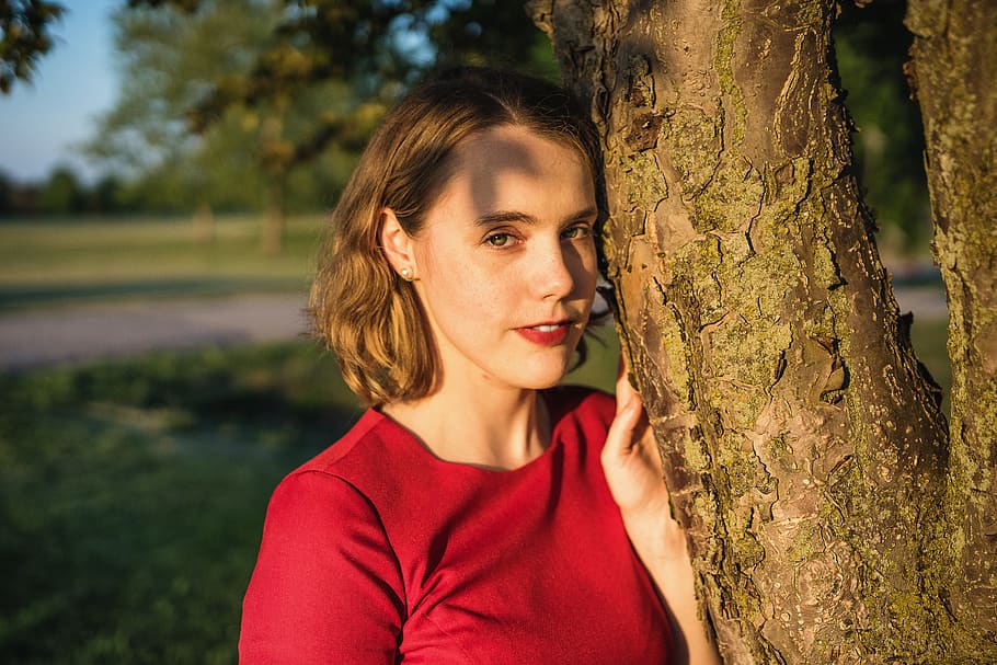 portrait, red, female, young, woman, skin, dress, bright, lady