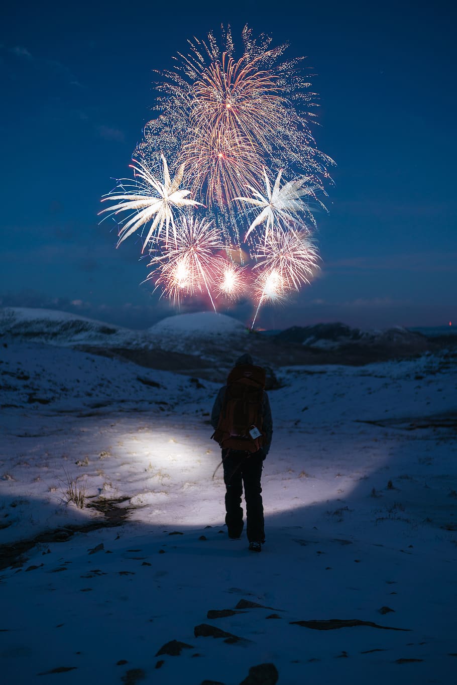 Person Stands on Snow Covered Mountain Looking at Fireworks, cold HD wallpaper