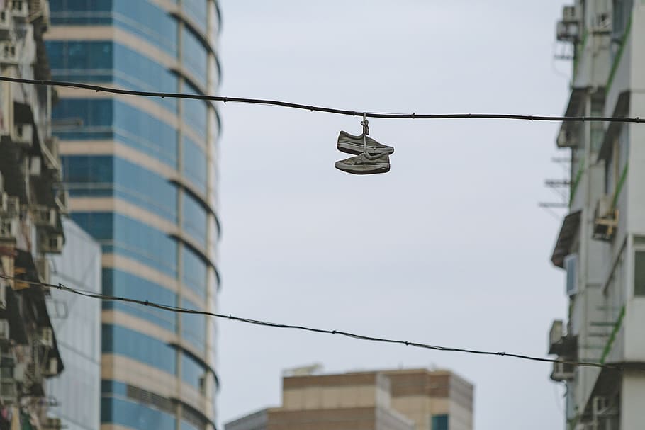Pair of Shoe on Street Electric Cable, architecture, buildings
