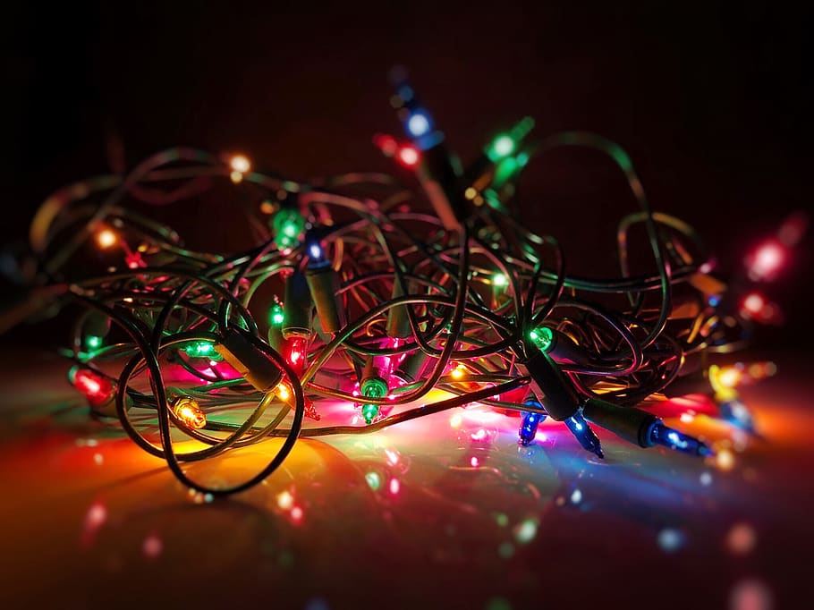 christmas, lights, decoration, xmas, tangled, seasonal, multi colored, HD wallpaper